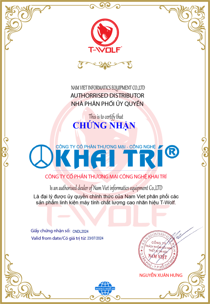 Chứng Nhận Đại Lý T-Wolf KHAI TRÍ-HCM